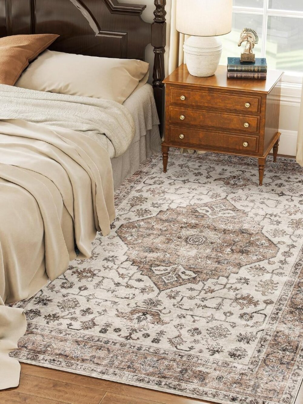 Machine Washable Area Rug, 5'x7' Vintage Oriental Medallion Distressed Rugs for